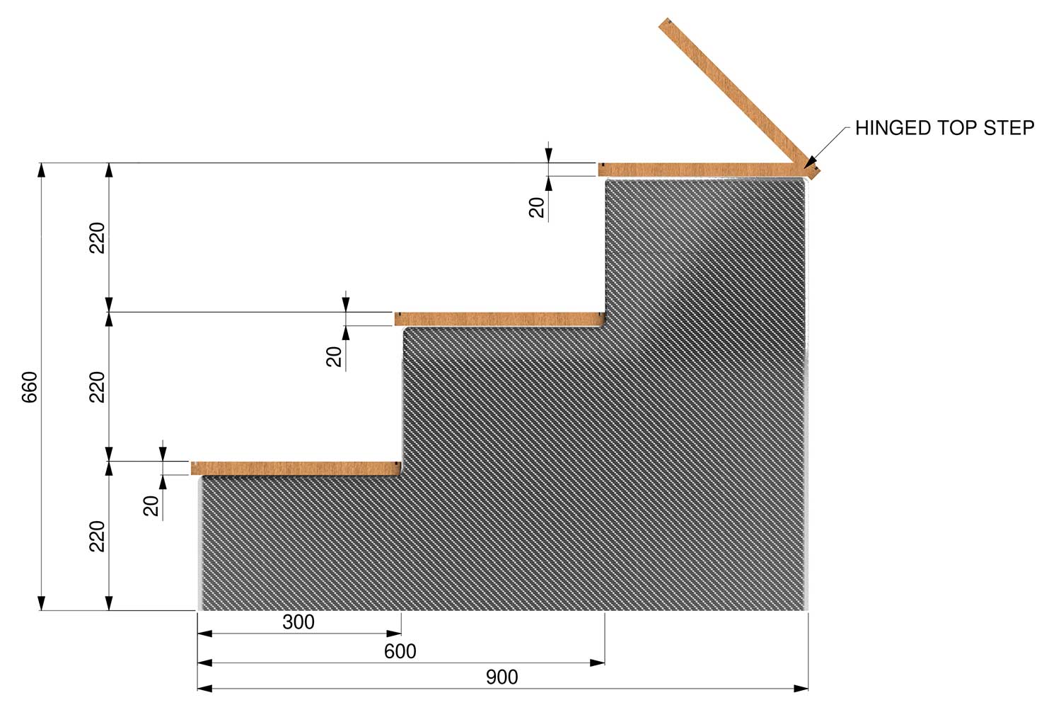 A side profile diagram of our fibreglass dock steps